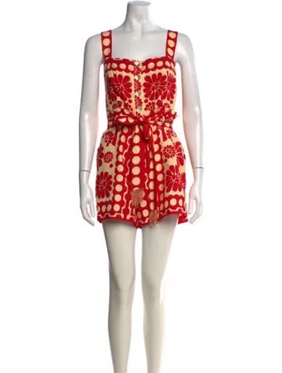 Pre-owned Farm Rio Linen Floral Print Romper In Red
