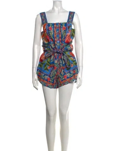 Pre-owned Farm Rio Linen Floral Print Romper In Red