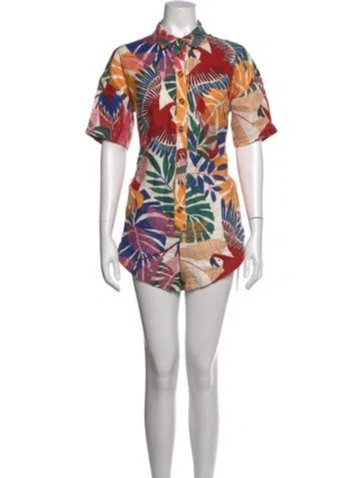 Pre-owned Farm Rio Linen Floral Print Romper In Red