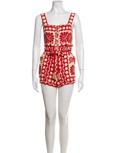 Pre-owned Farm Rio Linen Floral Print Romper In Red