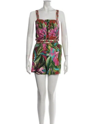 Pre-owned Farm Rio Linen Floral Print Romper In Red