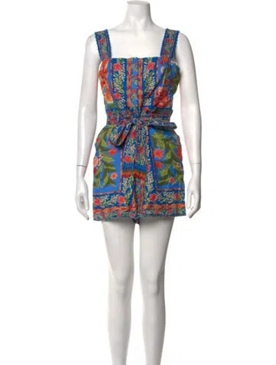 Pre-owned Farm Rio Linen Floral Print Romper In Red