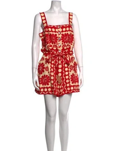 Pre-owned Farm Rio Linen Floral Print Romper In Red