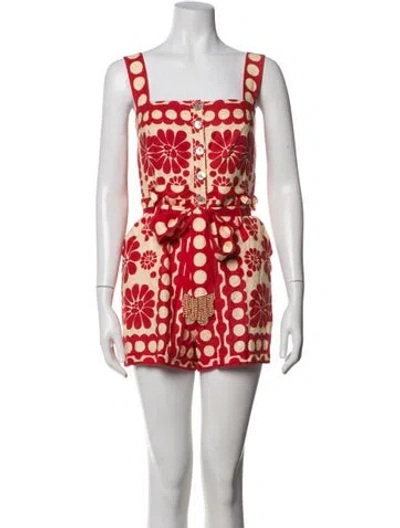 Pre-owned Farm Rio Linen Floral Print Romper In Red
