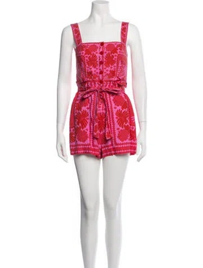 Pre-owned Farm Rio Linen Floral Print Romper In Red
