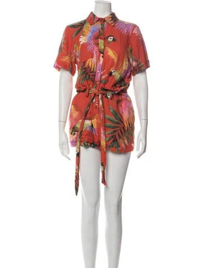 Pre-owned Farm Rio Linen Floral Print Romper In Red