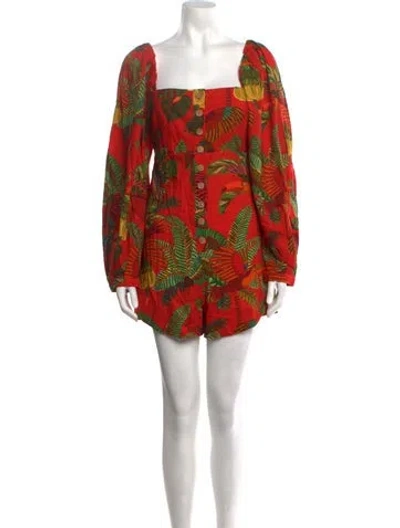 Pre-owned Farm Rio Linen Floral Print Romper In Red