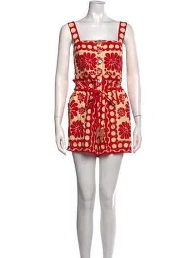 Pre-owned Farm Rio Linen Floral Print Romper In Red