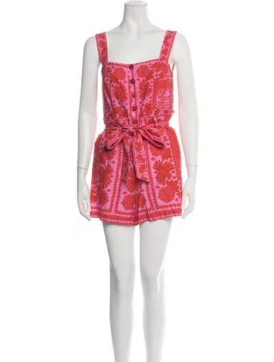Pre-owned Farm Rio Linen Floral Print Romper In Red