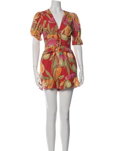 Pre-owned Farm Rio Linen Floral Print Romper In Red