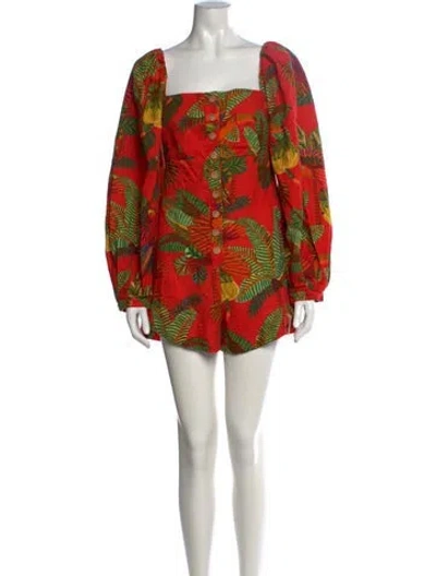 Pre-owned Farm Rio Linen Floral Print Romper In Red
