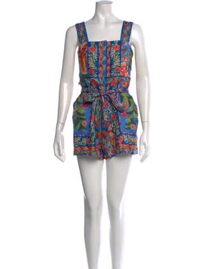 Pre-owned Farm Rio Linen Floral Print Romper W/ Tags In Blue/neutrals