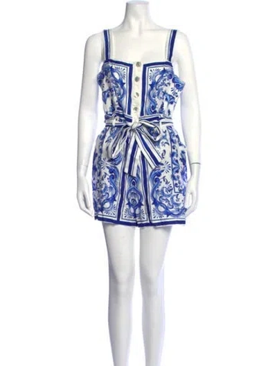 Pre-owned Farm Rio Linen Floral Print Romper W/ Tags In Blue/white
