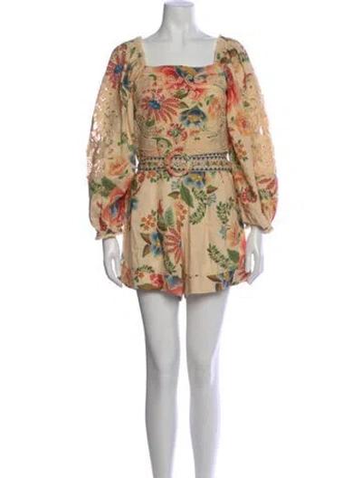 Pre-owned Farm Rio Linen Floral Print Romper W/ Tags In Green