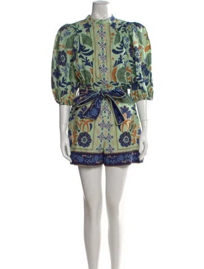 Pre-owned Farm Rio Linen Floral Print Romper W/ Tags In Green