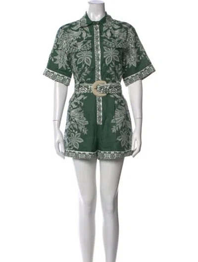 Pre-owned Farm Rio Linen Floral Print Romper W/ Tags In Green