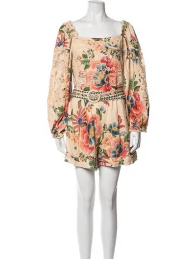 Pre-owned Farm Rio Linen Floral Print Romper W/ Tags In Multicolor