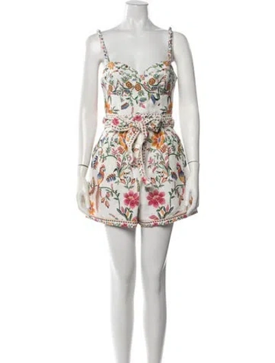 Pre-owned Farm Rio Linen Floral Print Romper W/ Tags In Neutral