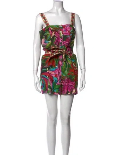 Pre-owned Farm Rio Linen Floral Print Romper W/ Tags In Pink