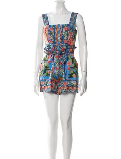 Pre-owned Farm Rio Linen Floral Print Romper W/ Tags In Pink