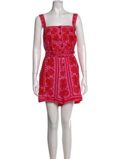 Pre-owned Farm Rio Linen Floral Print Romper W/ Tags In Red