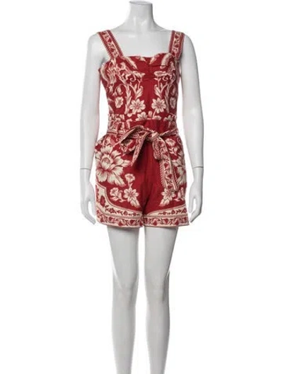 Pre-owned Farm Rio Linen Floral Print Romper W/ Tags In Red
