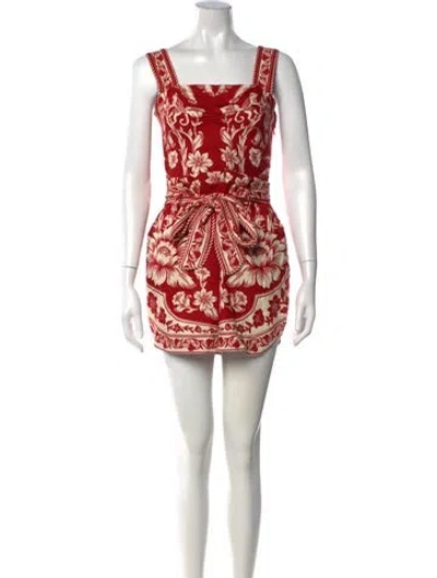 Pre-owned Farm Rio Linen Floral Print Romper W/ Tags In Red