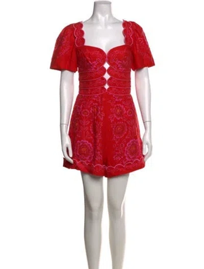 Pre-owned Farm Rio Linen Floral Print Romper W/ Tags In Red