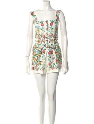 Pre-owned Farm Rio Linen Floral Print Romper W/ Tags In White