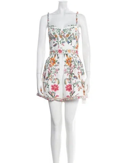 Pre-owned Farm Rio Linen Floral Print Romper W/ Tags In White