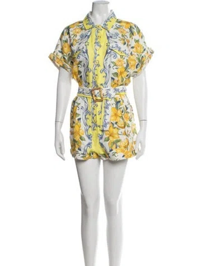 Pre-owned Farm Rio Linen Floral Print Romper W/ Tags In Yellow