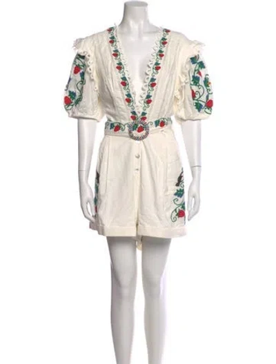 Pre-owned Farm Rio Linen Floral Print Romper In White