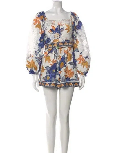 Pre-owned Farm Rio Linen Floral Print Romper In White