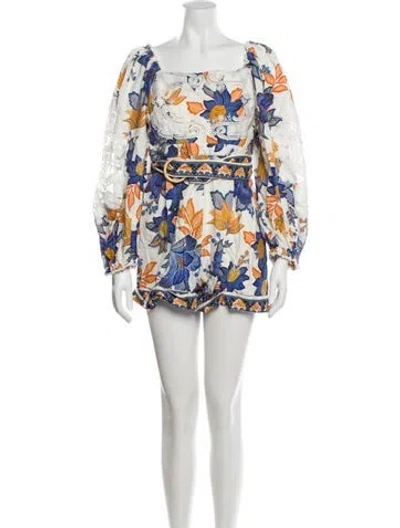 Pre-owned Farm Rio Linen Floral Print Romper In White