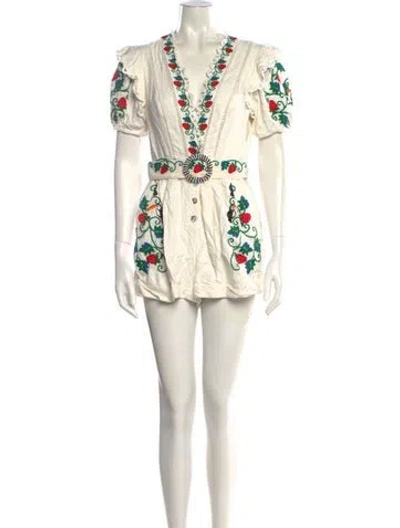 Pre-owned Farm Rio Linen Floral Print Romper In White