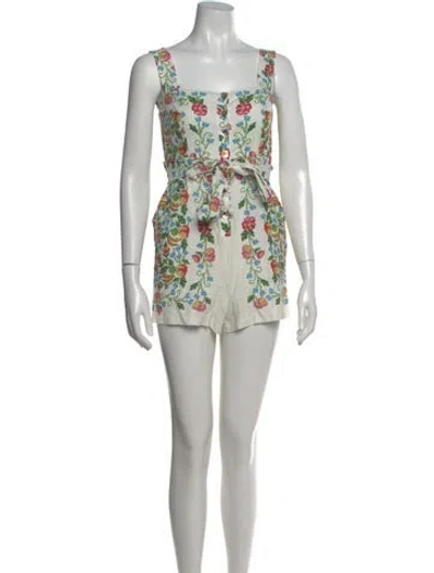 Pre-owned Farm Rio Linen Floral Print Romper In White