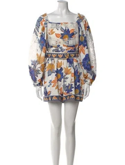 Pre-owned Farm Rio Linen Floral Print Romper In White
