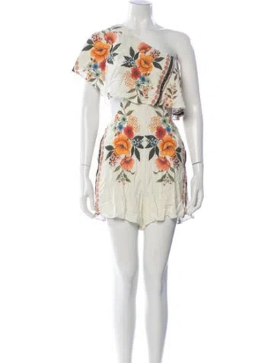 Pre-owned Farm Rio Linen Floral Print Romper In White