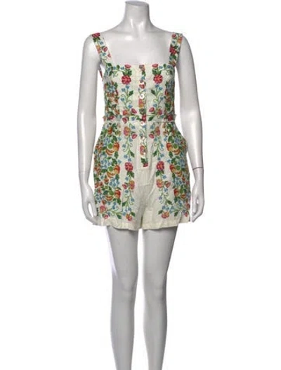 Pre-owned Farm Rio Linen Floral Print Romper In White