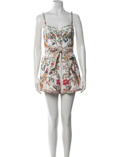Pre-owned Farm Rio Linen Floral Print Romper In White