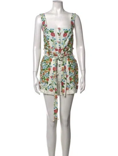 Pre-owned Farm Rio Linen Floral Print Romper In White