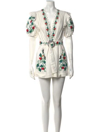 Pre-owned Farm Rio Linen Floral Print Romper In White