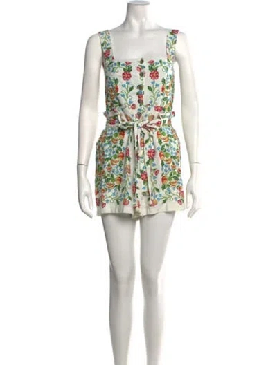 Pre-owned Farm Rio Linen Floral Print Romper In White