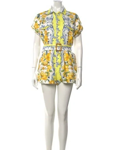 Pre-owned Farm Rio Linen Floral Print Romper In Yellow