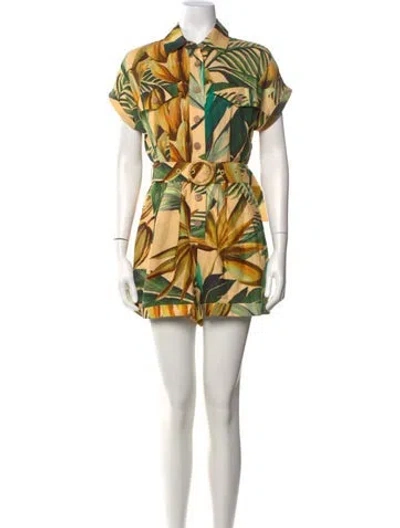 Pre-owned Farm Rio Linen Floral Print Romper In Yellow
