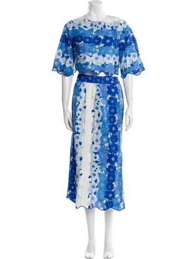 Pre-owned Farm Rio Linen Floral Print Skirt Set In Blue