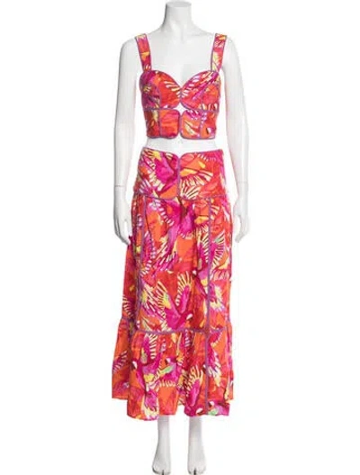 Pre-owned Farm Rio Linen Floral Print Skirt Set W/ Tags In Orange