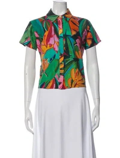 Pre-owned Farm Rio Linen Floral Print Top In Green