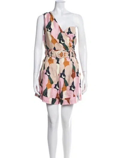 Pre-owned Farm Rio Linen Graphic Print Romper In Pink