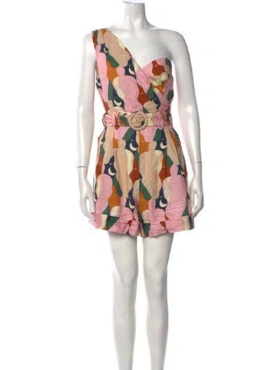 Pre-owned Farm Rio Linen Graphic Print Romper In Pink